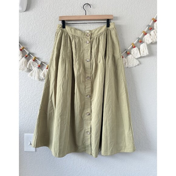 Madewell Button Front Pintuck Midi Skirt Olive Green Cotton Poplin Boho Flowy 12 - Picture 1 of 8
